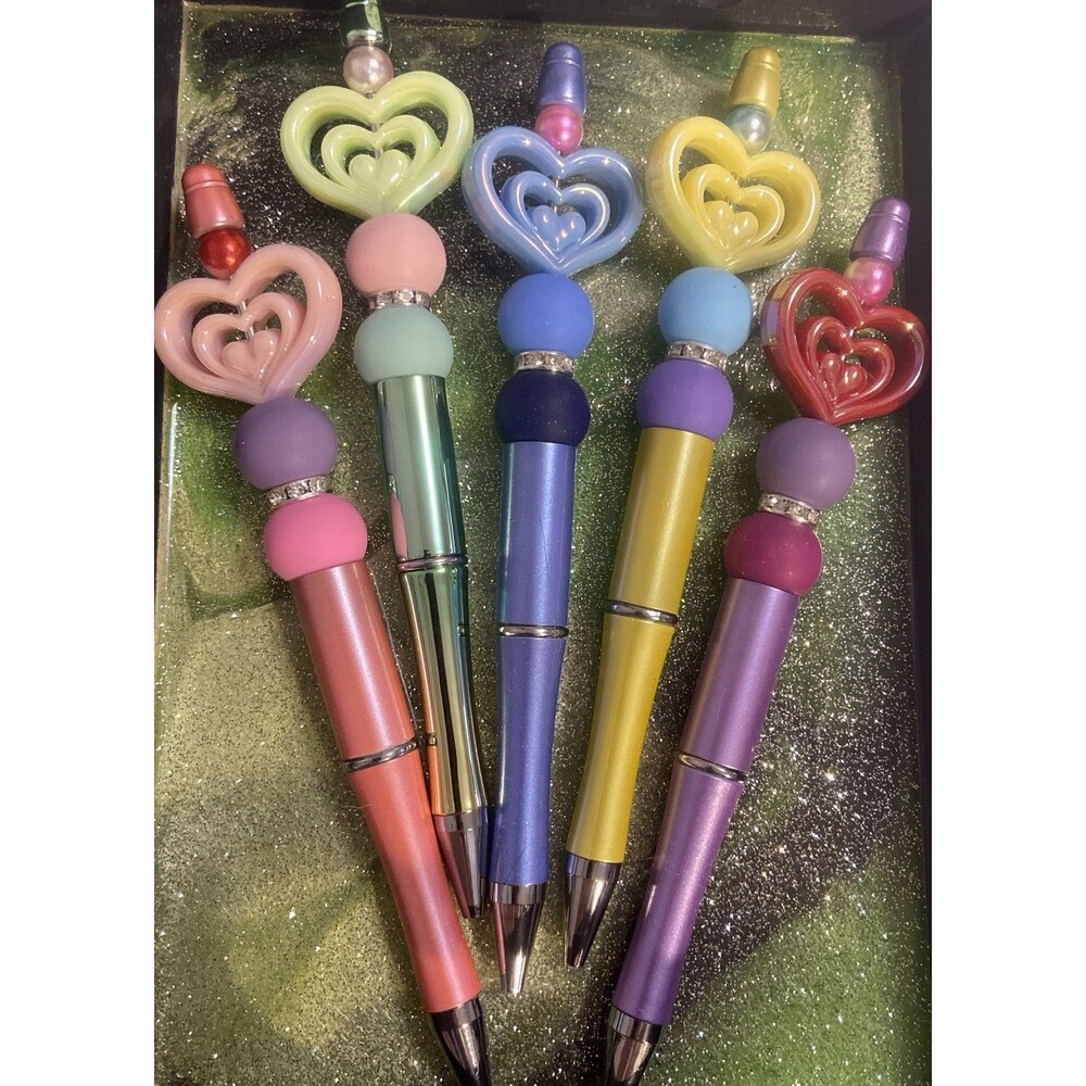 DIY Beadable Pens Hearts Beads Craft Lot 5 Kits Pink Blue Sparkle Party Favors